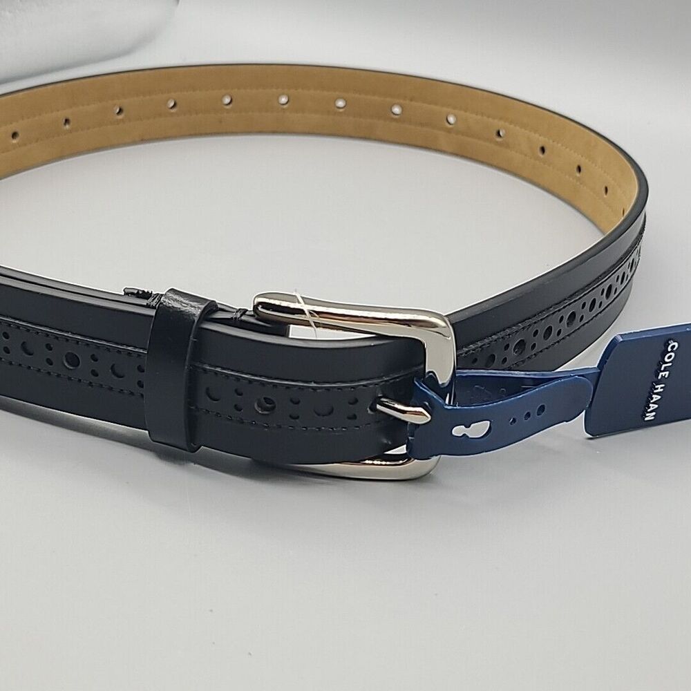 Cole Haan Men’s 32mm Center Brogue Coated Leather Belt In Black Sz 32 New